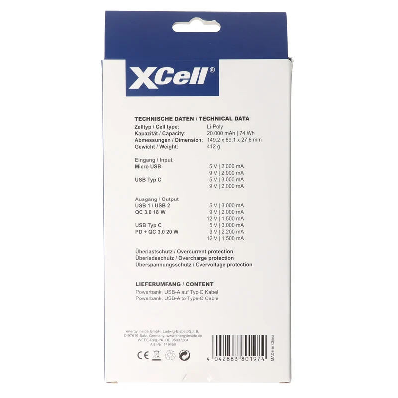 XCell Powerbank X20000PD mit 20.000mAh Kapazität, USB-C PD3.0, Quick-Charge, LED-Display, 2x USB-Ausgang 1x USB-C-Ausgang