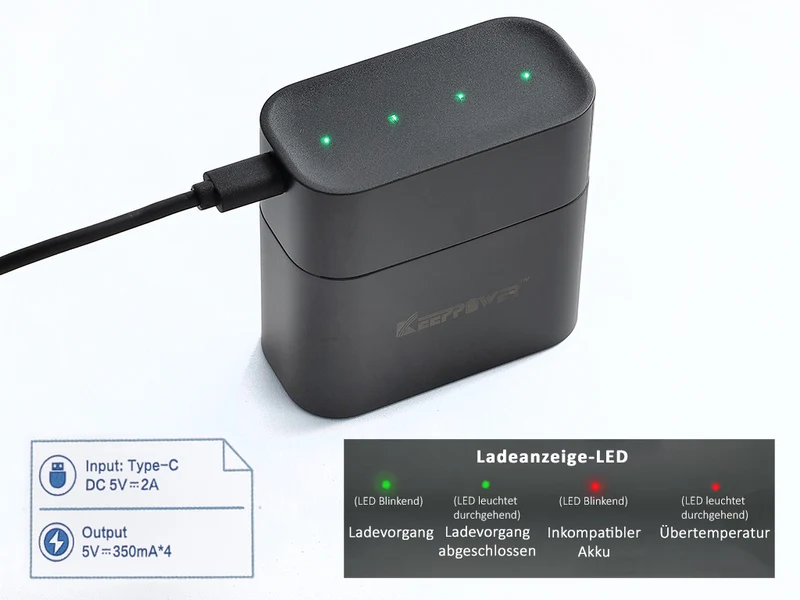 Keeppower I4 Ladegerät mit 4× 1,5V AA Li-Ion-Akkus – USB-C Eingang