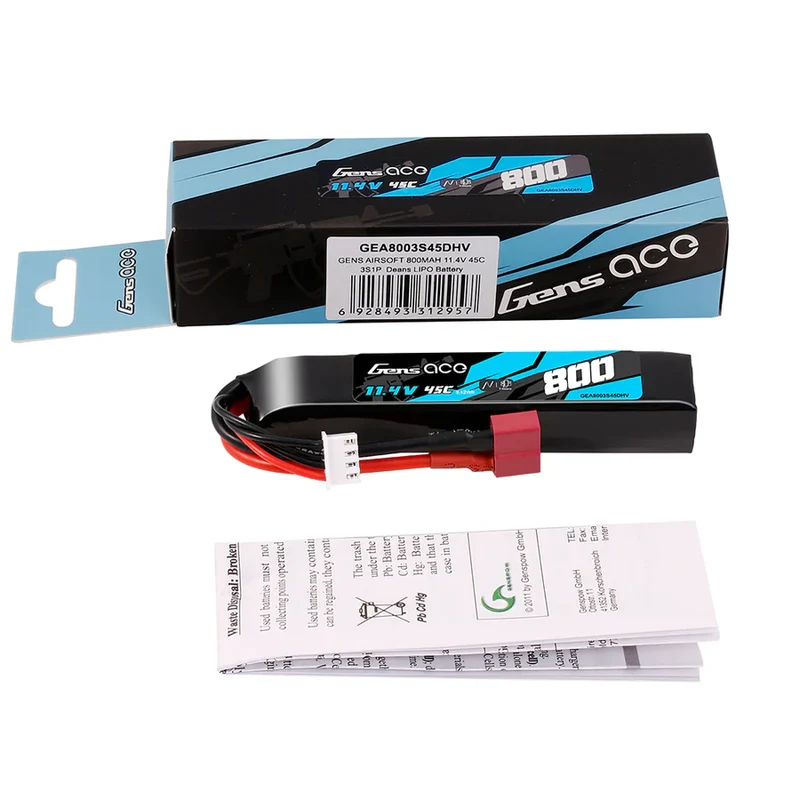 Gens Ace LiPo 800mAh 11,4V 45C 3S1P Deans (T) Hochspannungs-LIPO-Akkupack