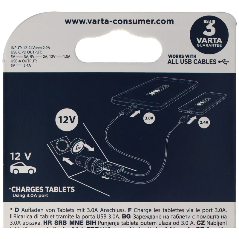 Varta 57932 Car Charger Dural USB Ausgang 2,4A und USB Type C 3,0A Output USB-C