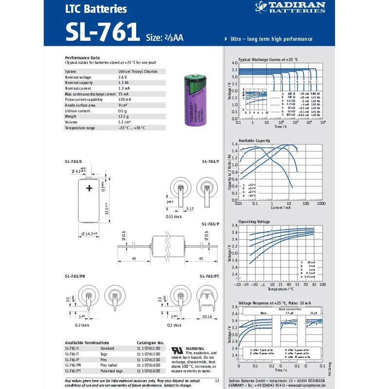 Sonnenschein Inorganic Lithium Battery SL761/T mit Lötfahnen