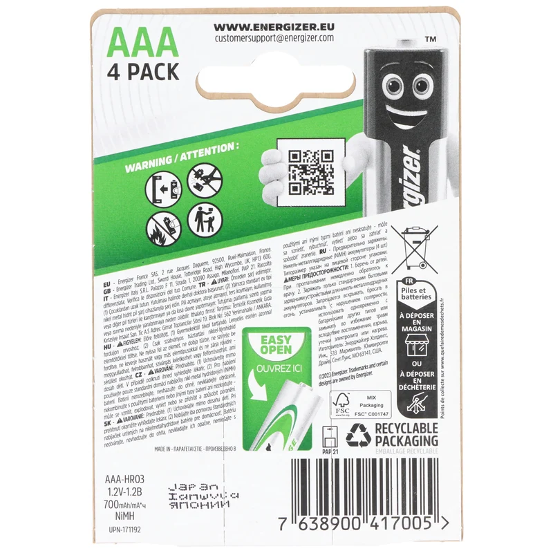 Energizer Akku NiMH, Micro, AAA, HR03, 1.2V/700mAh Power Plus, Pre-charged, Retail Blister (4-Pack)