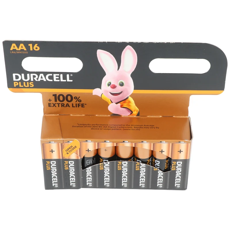 Duracell Batterie Alkaline, Mignon, AA, LR06, 1.5V Plus, Extra Life, Retail Blister (16-Pack)