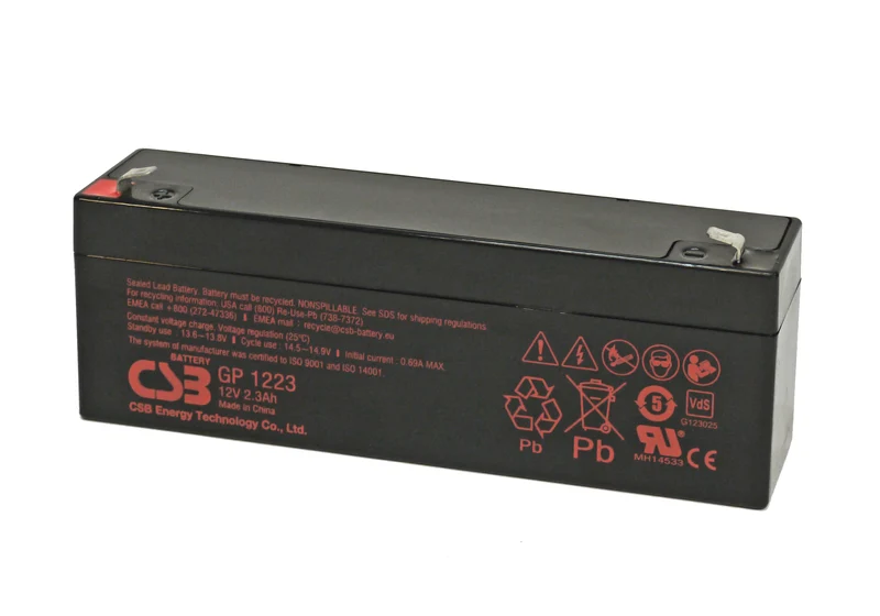 CSB-GP1223 12 Volt 2,3 Ah AGM Akku mit 4,8mm Anschluss VDS G123025, Abmessungen 178x35x60 mm