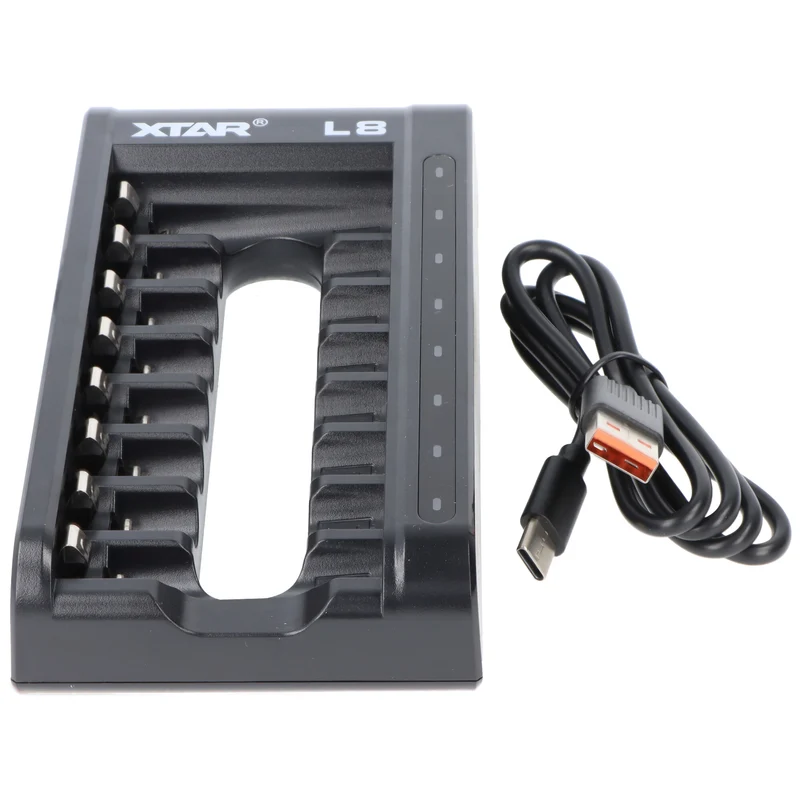 Xtar L8 Schnell-Ladegerät für 1,5V Li-Ionen und 1,2V NiMH AA, AAA Akkus, mit 8 Ladeschächten, inkl. 8x AA 1,5V Akkus, mit Netzteil