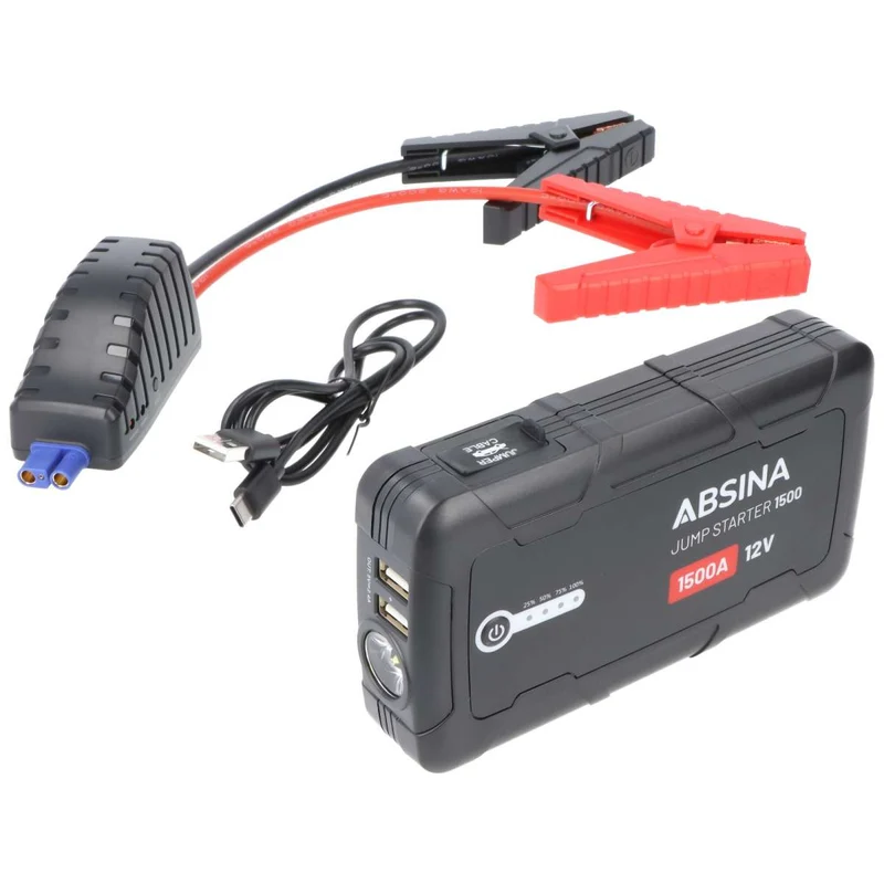 Absina Jumpstarter 1500, KFZ-Starthilfe-Powerakku mit Powerbank-Funktion und LED-Licht, ideal für PKW, Motorrad, Boot