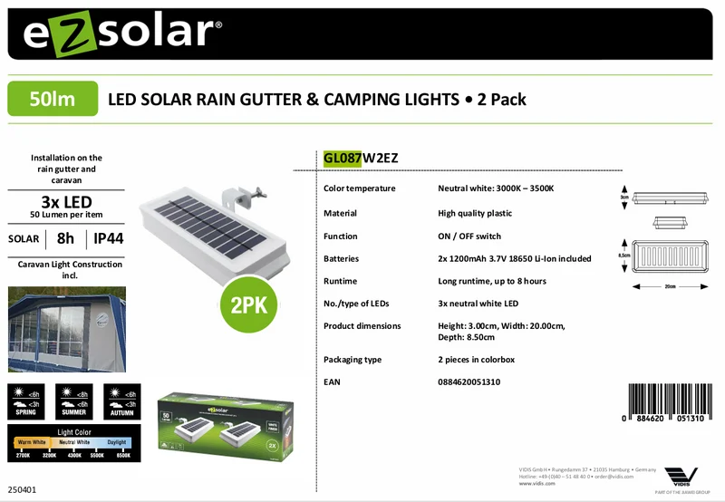 EZ Solar LED-Solar-Regenrinnen- und Campingbeleuchtung 2er-Pack