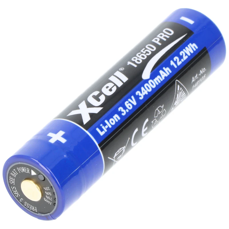 Xcell Pro 18650 Li-Ion Akku geschützter Li-Ion Akku, mit USB-C Ladebuchse, min. 3250mAh max. 3400mAh, 3,6 Volt, 71,1mm x 18,8mm