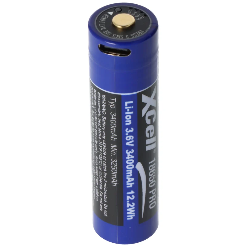 Xcell Pro 18650 Li-Ion Akku geschützter Li-Ion Akku, mit USB-C Ladebuchse, min. 3250mAh max. 3400mAh, 3,6 Volt, 71,1mm x 18,8mm
