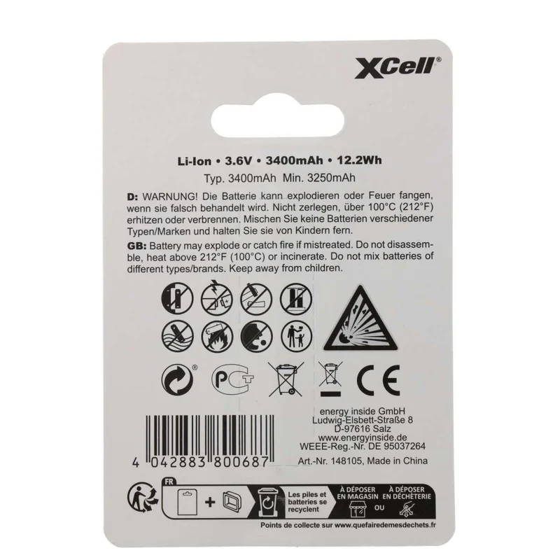 Xcell Pro 18650 Li-Ion Akku geschützter Li-Ion Akku, mit USB-C Ladebuchse, min. 3250mAh max. 3400mAh, 3,6 Volt, 71,1mm x 18,8mm