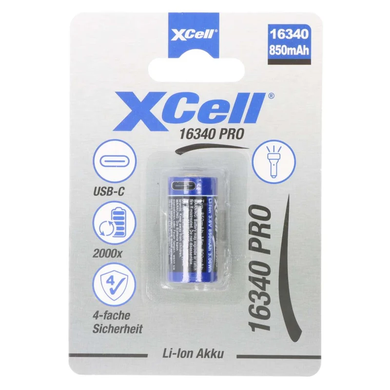 XCell Pro 16340 Li-Ion Akku CR123A geschützter Li-Ion Akku, mit USB-C Ladebuchse, min. 800mAh max. 850mAh, 3,6 Volt