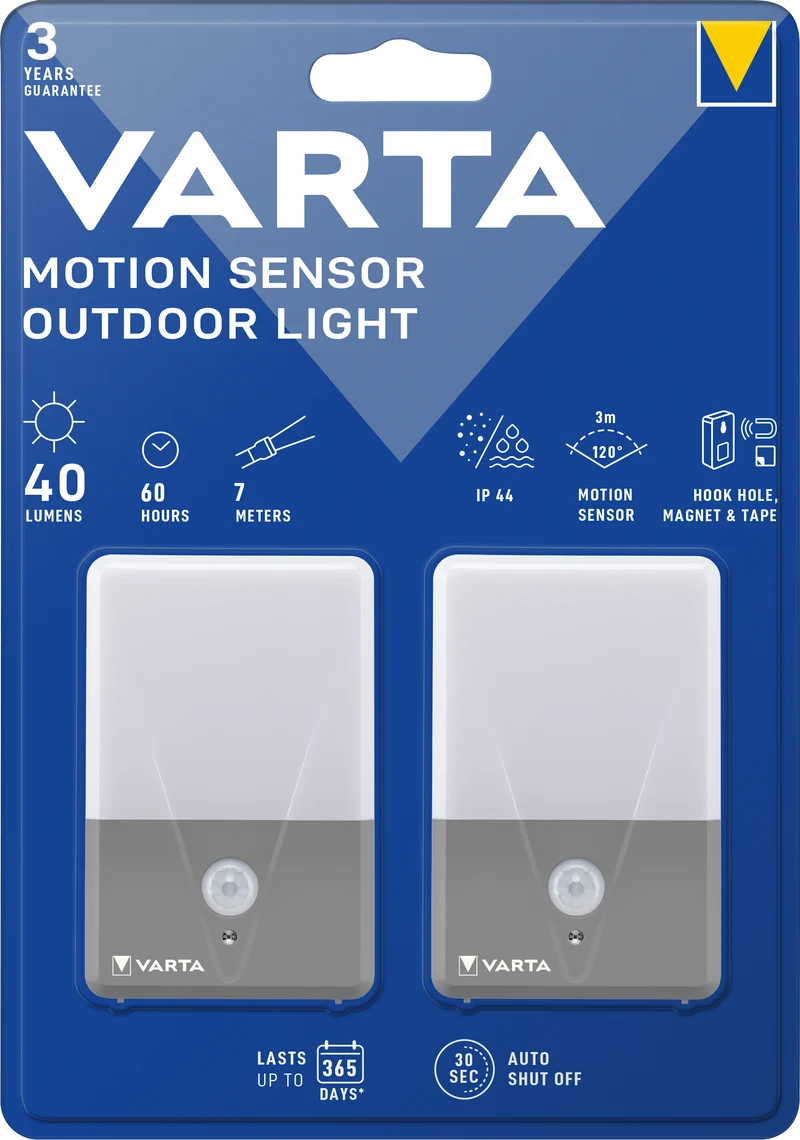 Varta LED Taschenlampe Motion Sensor, Outdoor Light 40lm, Twin Pack, exkl. 3x Batterie Alkaline AAA, Retail Blister
