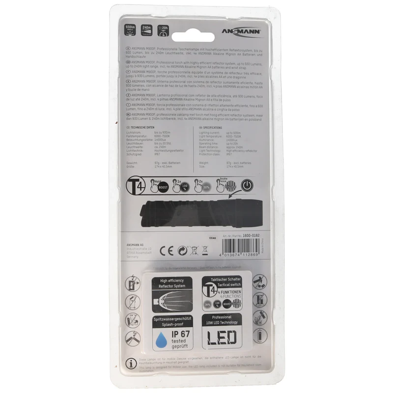 Ansmann M900P LED Taschenlampe mit Handschlaufe max. 930 Lumen, 10W LED
