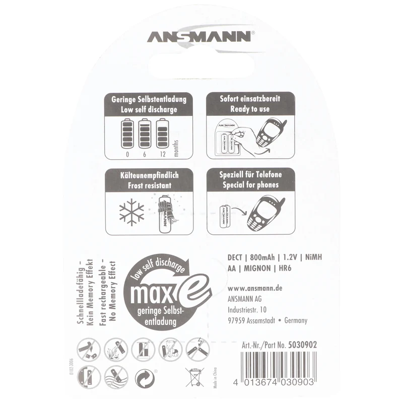 Ansmann NiMH-Akku Mignon 800mAh DECT 2er Blister
