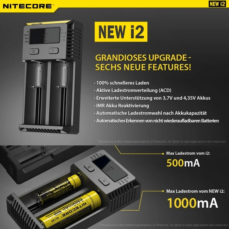 NiteCore Ladegerät Intellicharge i2 mit 2 Ladeschächten NEW NC-i2