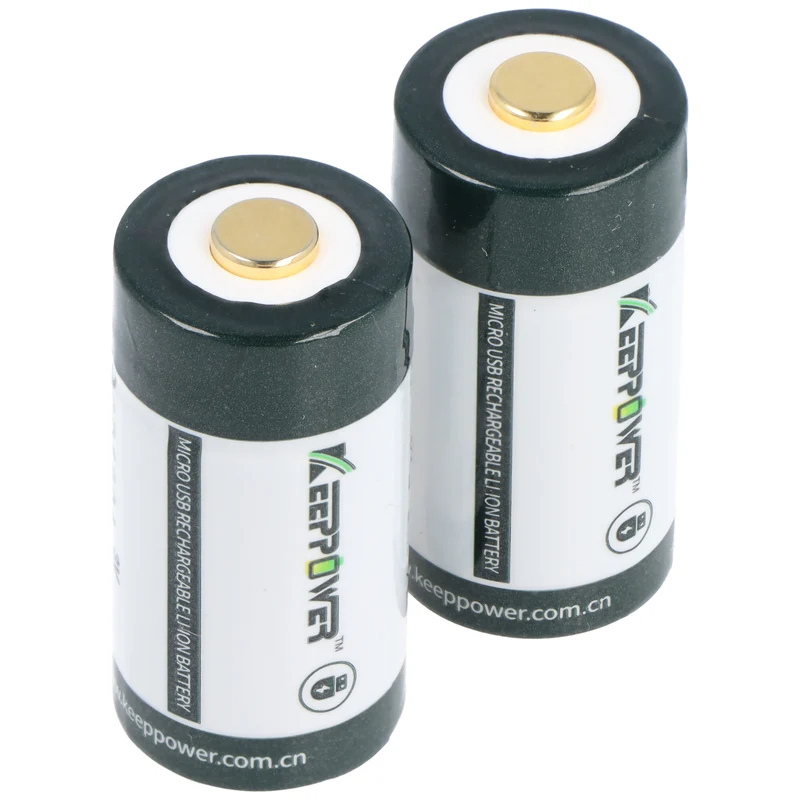 KEEPPOWER RCR123A mit Micro USB Ladebuchse, Li-Ion Akku, 3V, 1000mAh, 3000mWh, mit Aufbewahrungsbox und Doppel-Micro USB-C Ladekabel (2 St.)