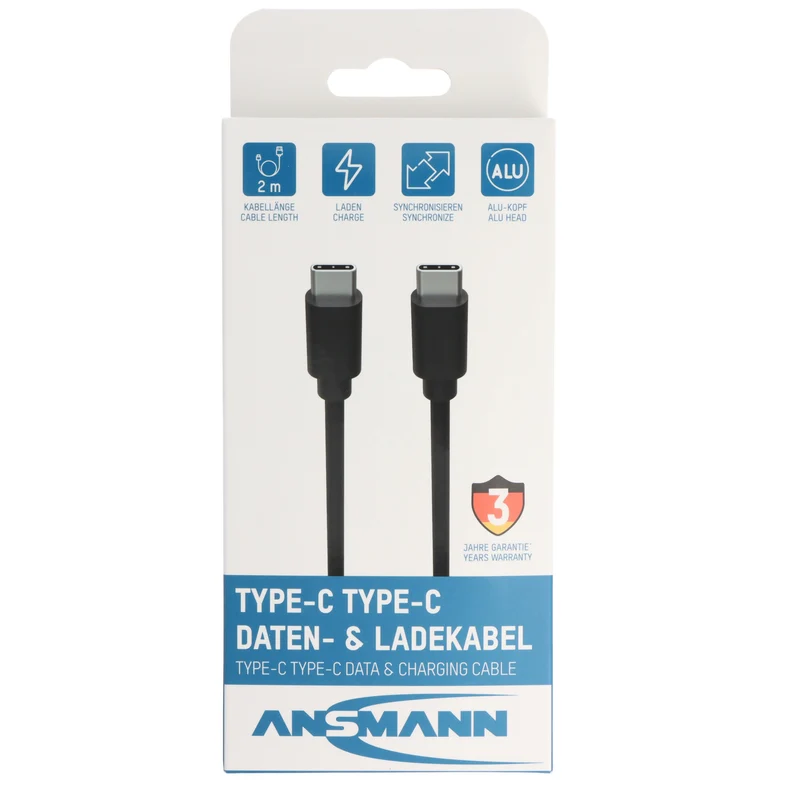 Ansmann USB Typ-C auf Typ-C Daten- und Ladekabel, 2 Meter