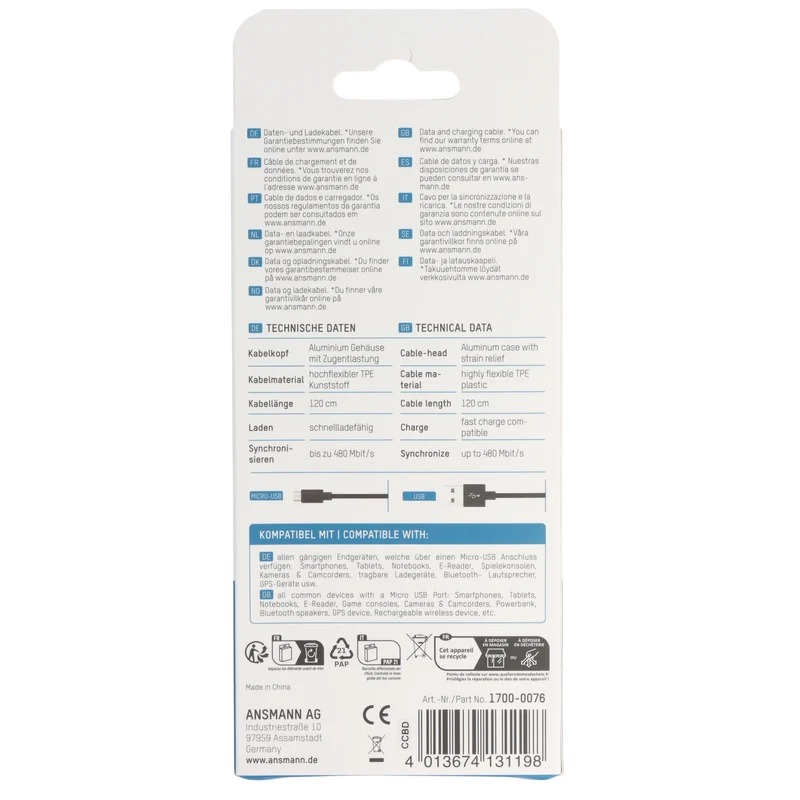 Ansmann USB-A auf Micro-USB Daten- und Ladekabel, 1,20 Meter