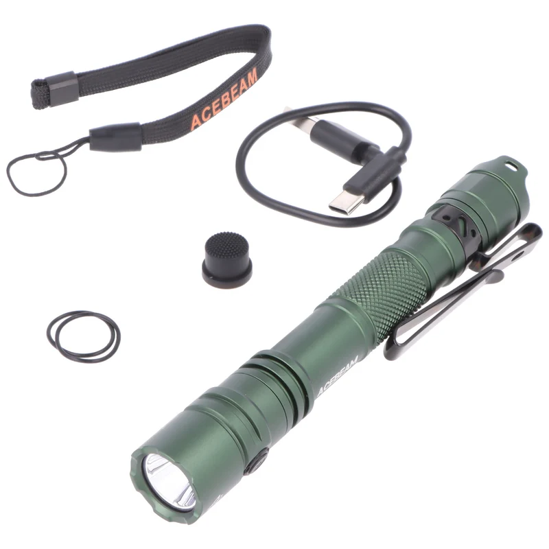 AceBeam TAC 2AA LED-Taschenlampe mit max. 1.400 Lumen und is zu 304 Meter, grün, mit Akku