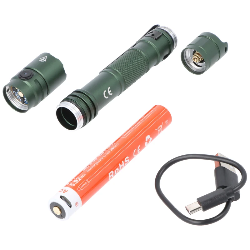 AceBeam TAC 2AA LED-Taschenlampe mit max. 1.400 Lumen und is zu 304 Meter, grün, mit Akku