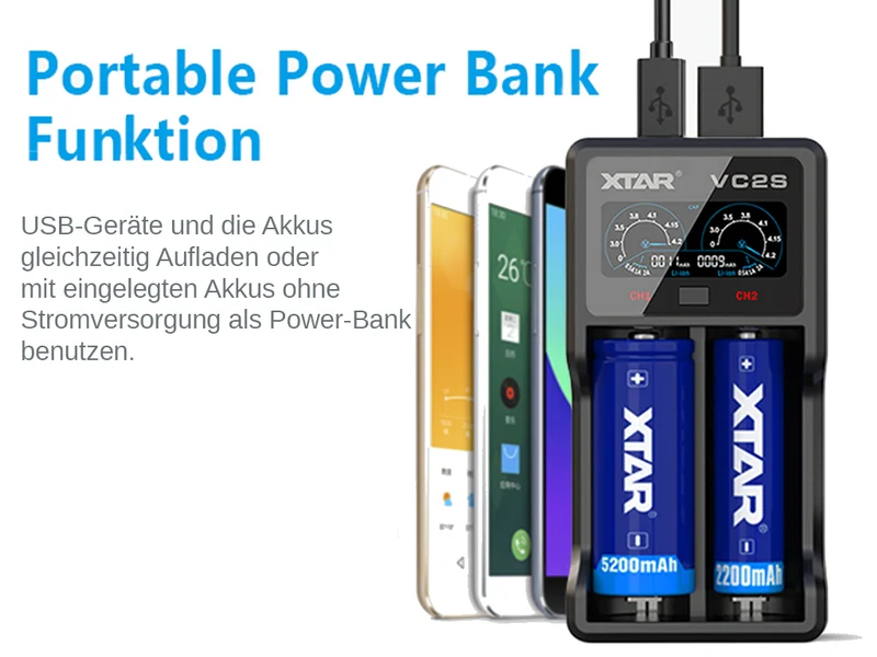 Xtar VC2S - Ladegerät für Li-Ion und NIMH Akku inklusive USB-Kabel