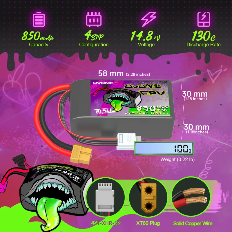 Ovonic Rebel 2.0 130C 4S 850mAh Lipo Akku 14,8V Pack mit XT60 Stecker (4 St.)