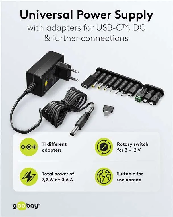 Goobay Universal-Netzteil (3 V - 12 V, max. 7,2 W / 0,6 A) - inkl. 11 Adapter: 7 DC-Adapter plus USB-C™, USB-A, USB Mini-B, Micro-USB und Schraubklemmenanschluss