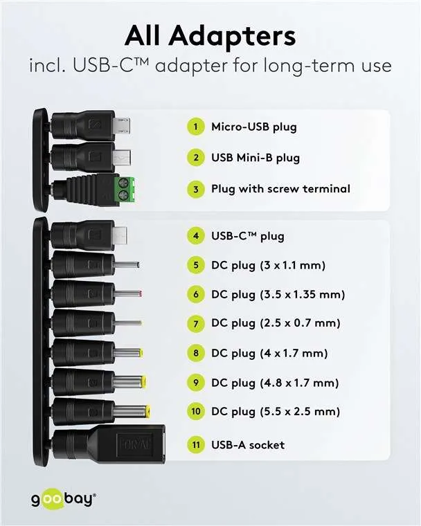 Goobay Universal-Netzteil (3 V - 12 V, max. 7,2 W / 0,6 A) - inkl. 11 Adapter: 7 DC-Adapter plus USB-C™, USB-A, USB Mini-B, Micro-USB und Schraubklemmenanschluss