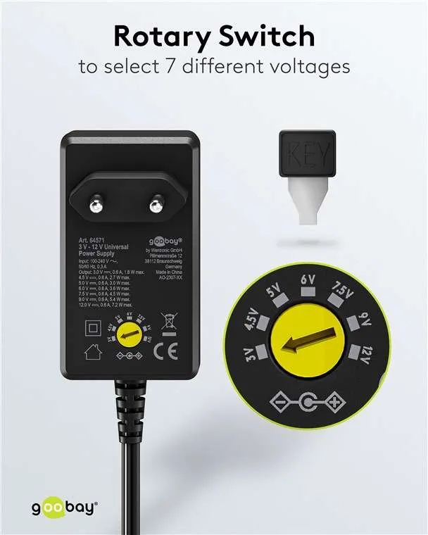 Goobay Universal-Netzteil (3 V - 12 V, max. 7,2 W / 0,6 A) - inkl. 11 Adapter: 7 DC-Adapter plus USB-C™, USB-A, USB Mini-B, Micro-USB und Schraubklemmenanschluss