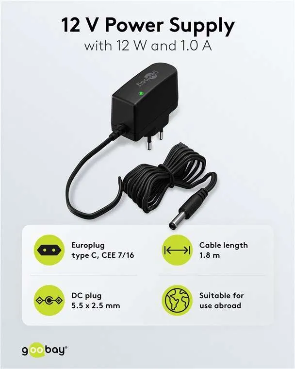 Goobay 12-V-Netzteil (12 W / 1,0 A) - mit DC-Stecker 5,5 mm x 2,5 mm