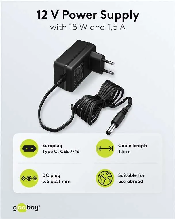 Goobay 12-V-Netzteil (18 W / 1,5 A) - mit DC-Stecker 5,5 mm x 2,1 mm