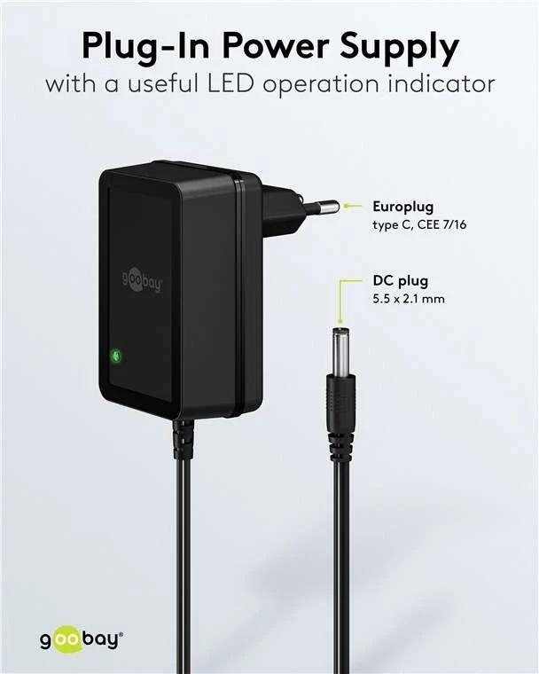 Goobay 12-V-Netzteil (18 W / 1,5 A) - mit DC-Stecker 5,5 mm x 2,1 mm