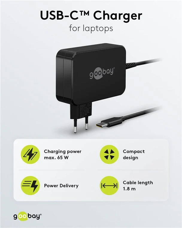 Goobay USB-C™-Ladegerät für Laptops (65 W) schwarz - kompaktes Notebook-Netzteil mit Schnellladefunktion (Power Delivery)