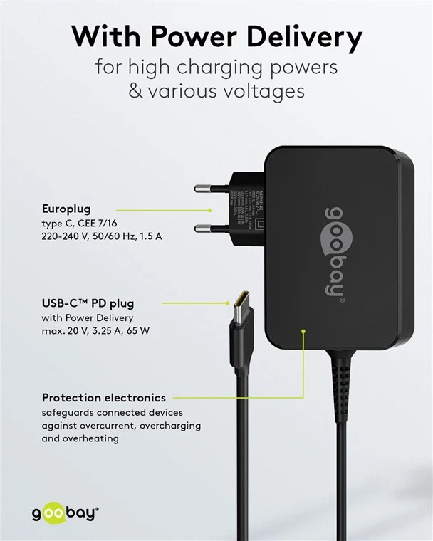 Goobay USB-C™-Ladegerät für Laptops (65 W) schwarz - kompaktes Notebook-Netzteil mit Schnellladefunktion (Power Delivery)