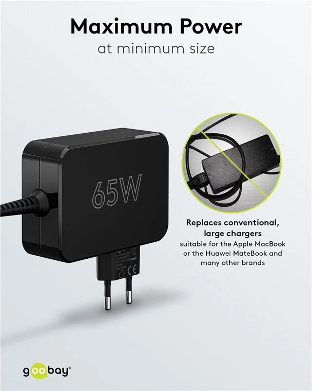 Goobay USB-C™-Ladegerät für Laptops (65 W) schwarz - kompaktes Notebook-Netzteil mit Schnellladefunktion (Power Delivery)
