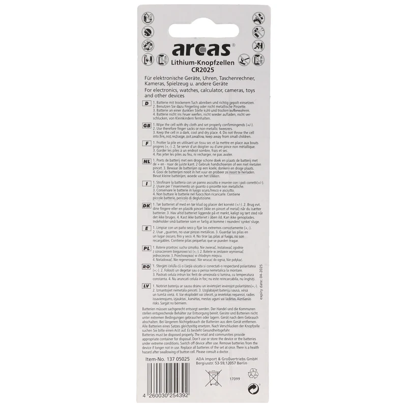 Arcas 5er-Sparset CR2025 Lithium Batterie