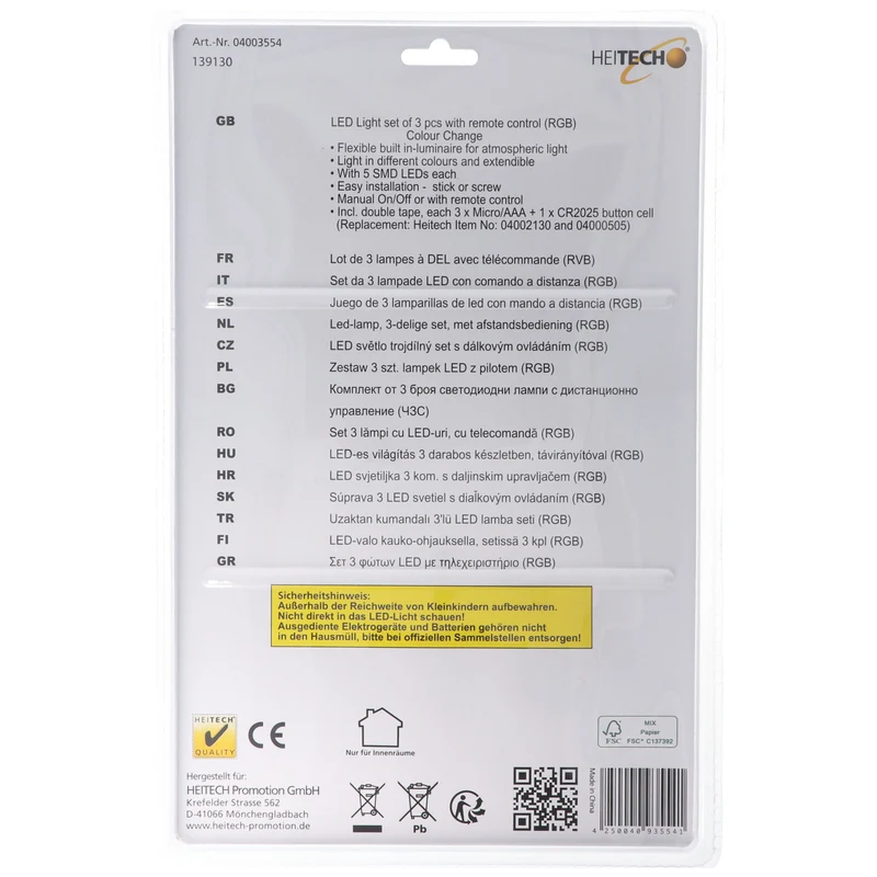 Heitech LED Licht 3er-Set mit Fernbedienung, flexible Unterbauleuchte mit Licht in verschiedenen Farben, inklusive 3x AAA Batterien und 1x CR2025 Batterie