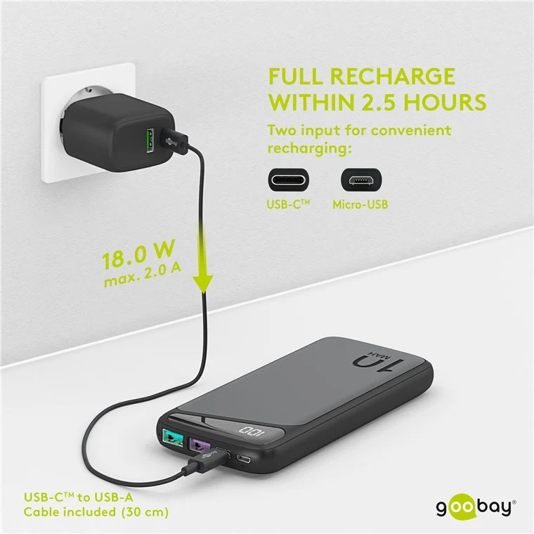 Goobay Schnelllade-Powerbank 10.000 mAh (USB-C™ PD, QC 3.0) - Leistungsstarke Powerbank mit Statusanzeige, Quick Charge-kompatibel