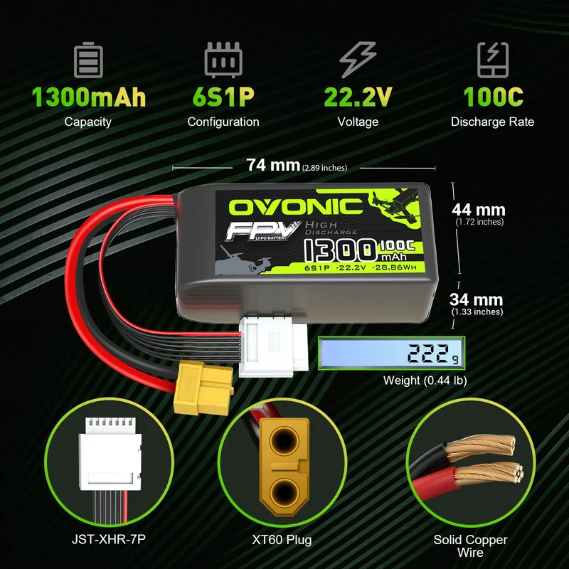 Ovonic FPV 6S LiPo Akku 22,2V 100C 6S 1300mAh LiPo-Akku mit XT60-Stecker
