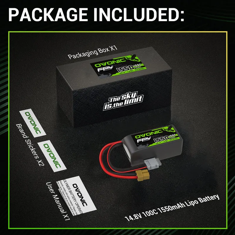 Ovonic FPV 4S LiPo-Akku 14,8V 1550mAh 100C LiPo-Akku mit XT60-Stecker