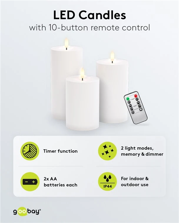 Goobay 3er-Set LED-Kerzen "Outdoor" LED-Beleuchtung mit Fernbedienung, für den Innen- und Außenbereich (IP44) warmweiß (3000 K) batteriebetrieben