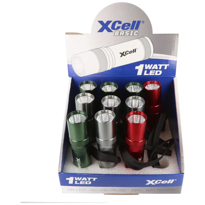 Xcell LED-Taschenlampe Basic 1 Watt LED, edles Aluminiumgehäuse, farblich sortiert, inklusive Batterien
