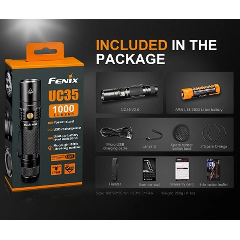 Fenix UC35 V2.0 LED Taschenlampe mit USB Anschluss, inklusive Li-Ion Akku 3500mAh und Ladekabel