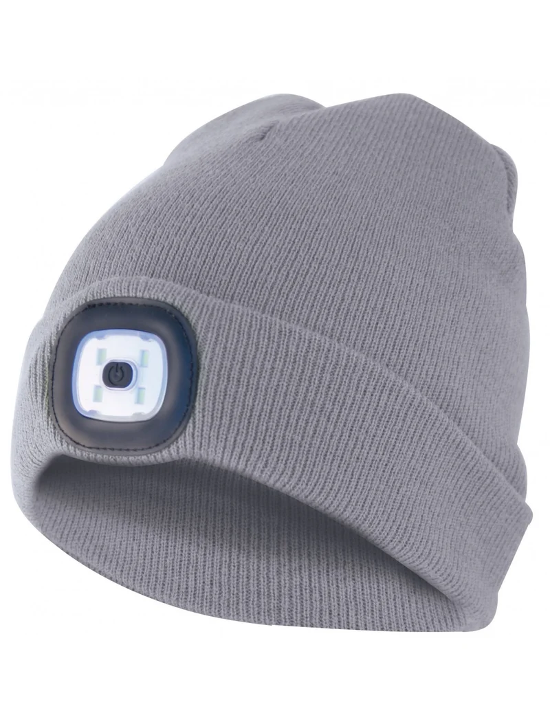 Velamp Mütze mit LED-Frontleuchte, Strickmütze mit LED-Licht ideal zum Joggen, Campen, Arbeiten, wiederaufladbar per USB und waschbar, hellgrau