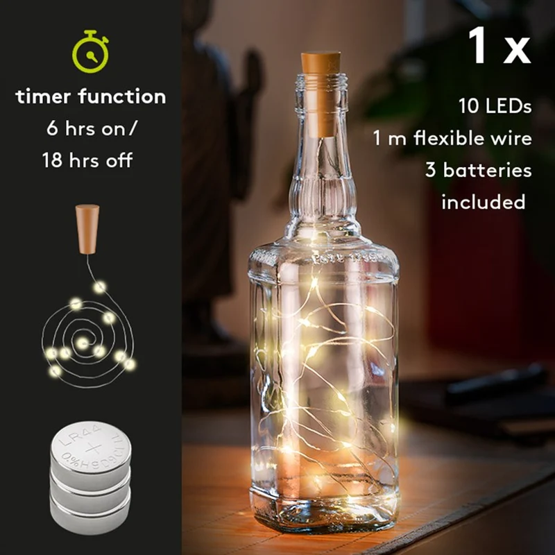 Goobay LED-Flaschenlicht Lichterkette inklusive Batterien, die Beleuchtung ideal für Glasflaschen (10 St.)