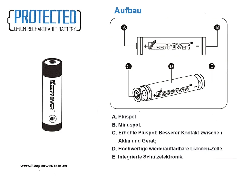 Keeppower 26650 - 6000mAh, 3,6V - 3,7V Li-Ion-Akku PCB geschützt