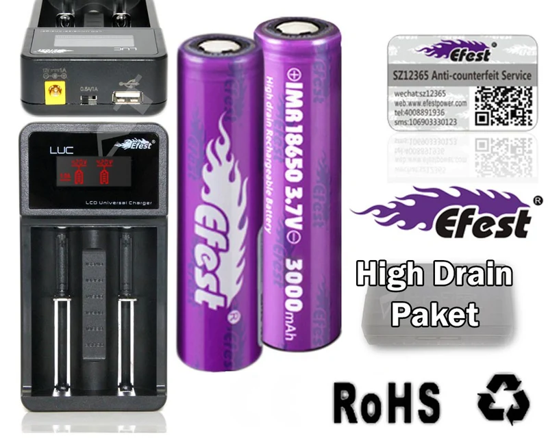 Efest LUC Ladegerät + 2x IMR 18650 - 3000mAh ungeschützt + Akkubox