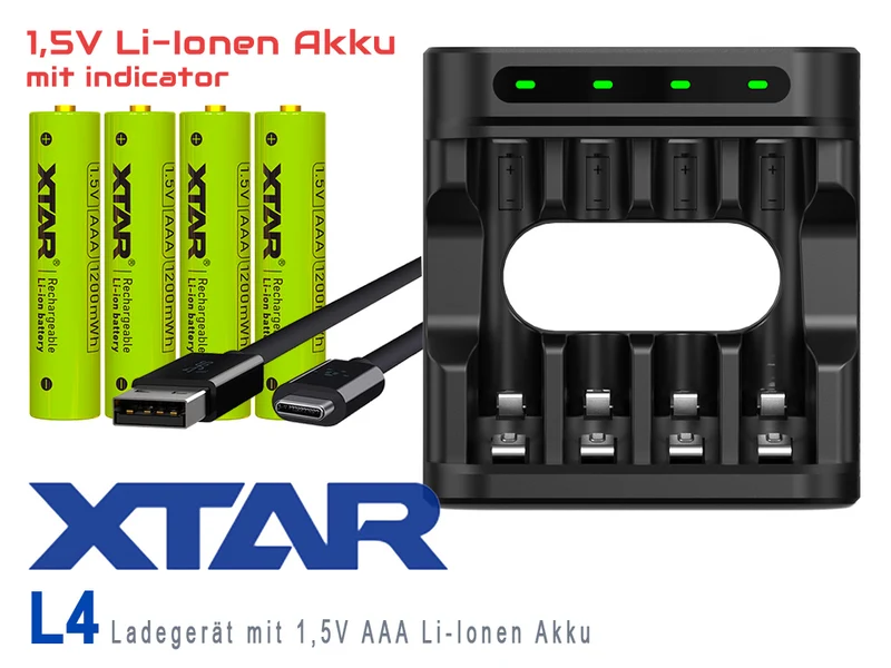 Xtar L4 Ladegerät + AAA (Micro) R03 1,5V Li-Ion Akkus mit Indikator