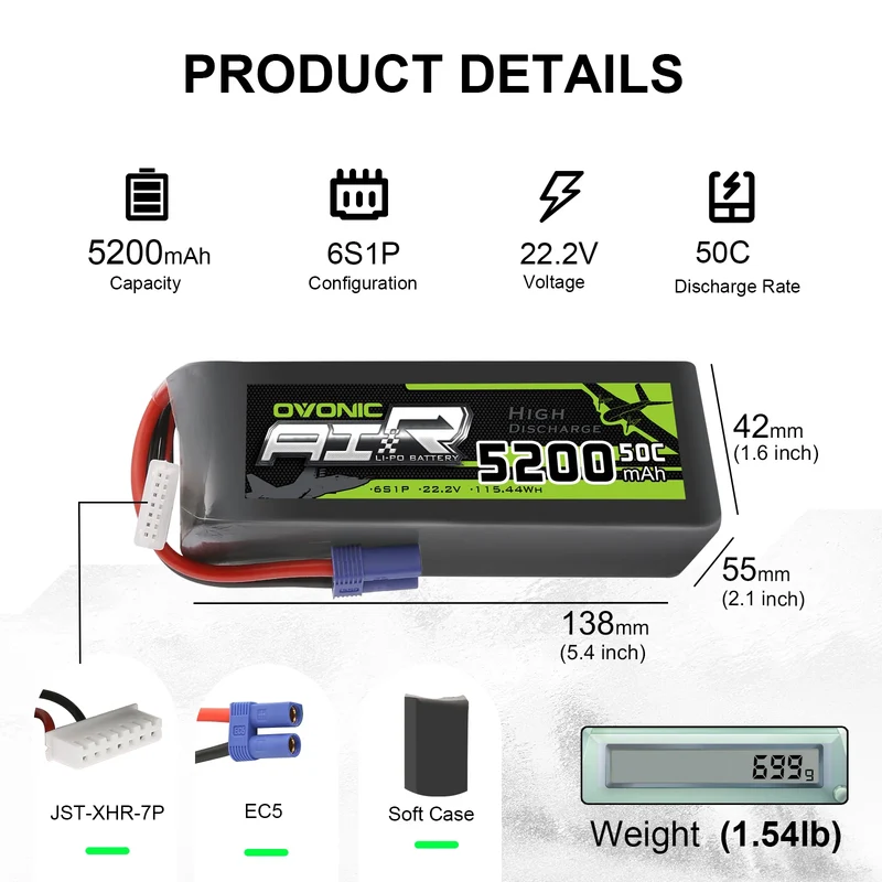 Ovonic Air 6S 5200mAh 50C 22,2V LiPo-Akkupack mit EC5-Stecker (2 Stück)
