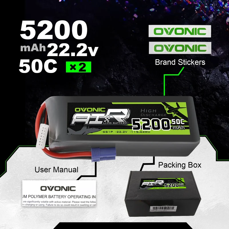 Ovonic Air 6S 5200mAh 50C 22,2V LiPo-Akkupack mit EC5-Stecker (2 Stück)